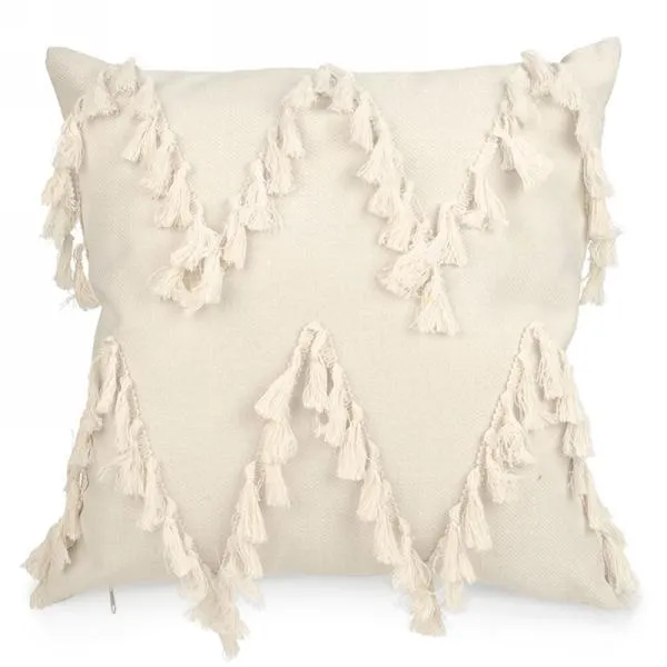 CREAM CUSHION WITH TASSELS 17" X 17"