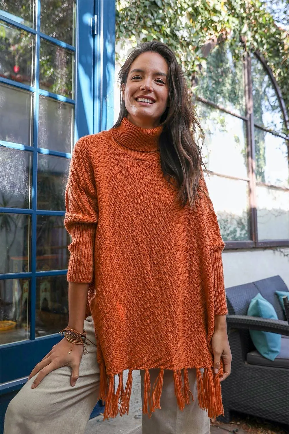 Crisp Mornings Poncho Sweater: Rust