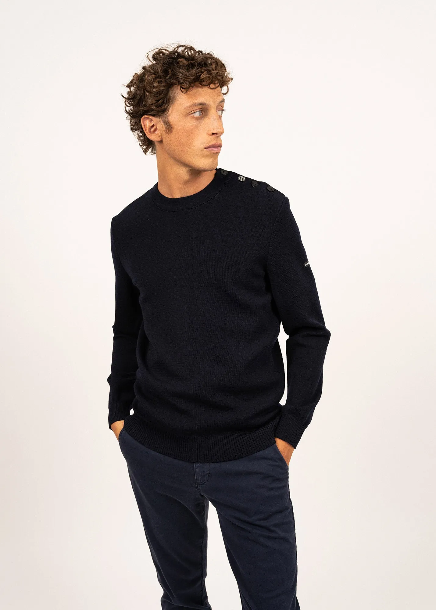 Dinan sailor jumper - with jacquard elbow patches, in pure new wool (MARINE)