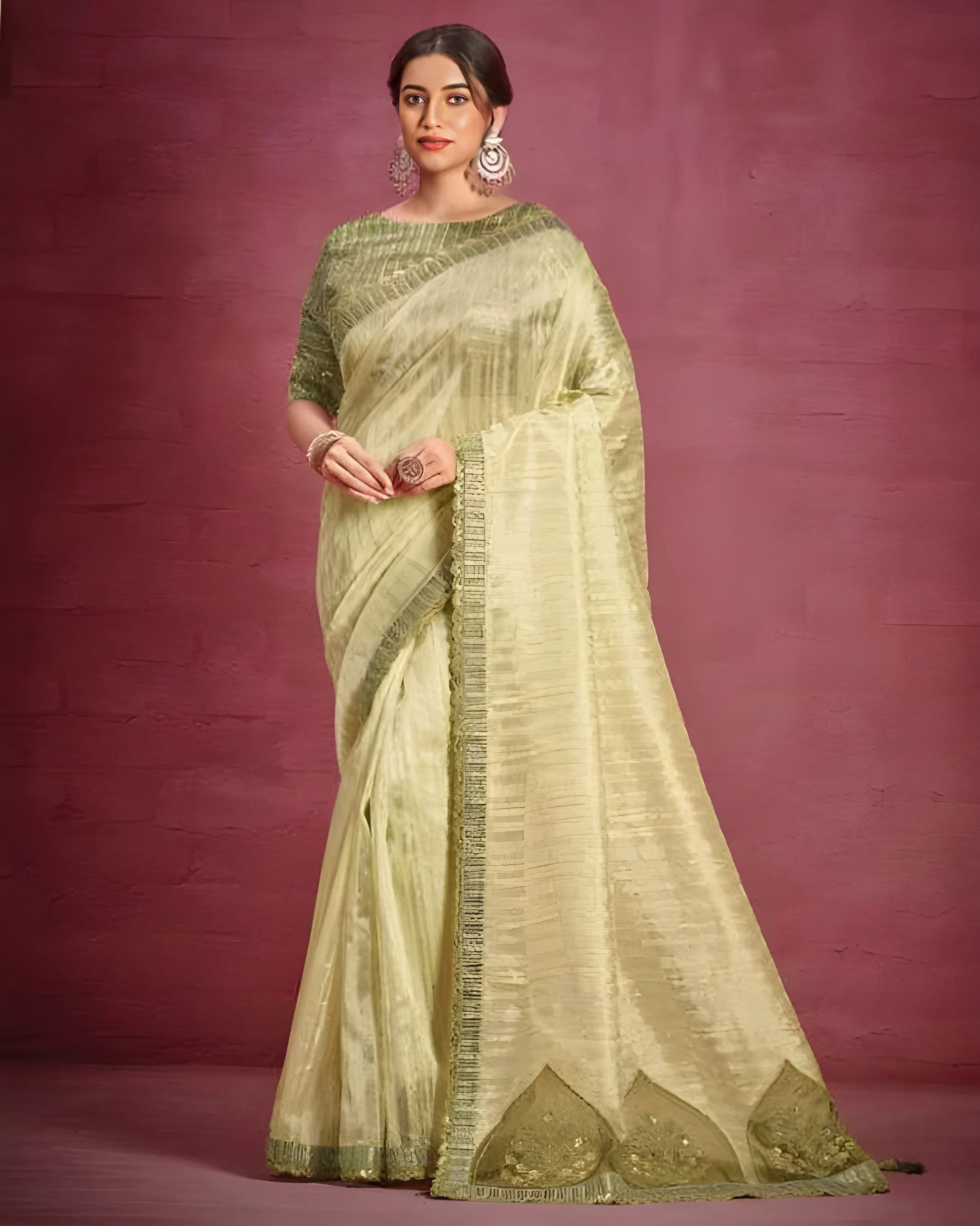 Embroidered Patterned Organza Designer Saree Green