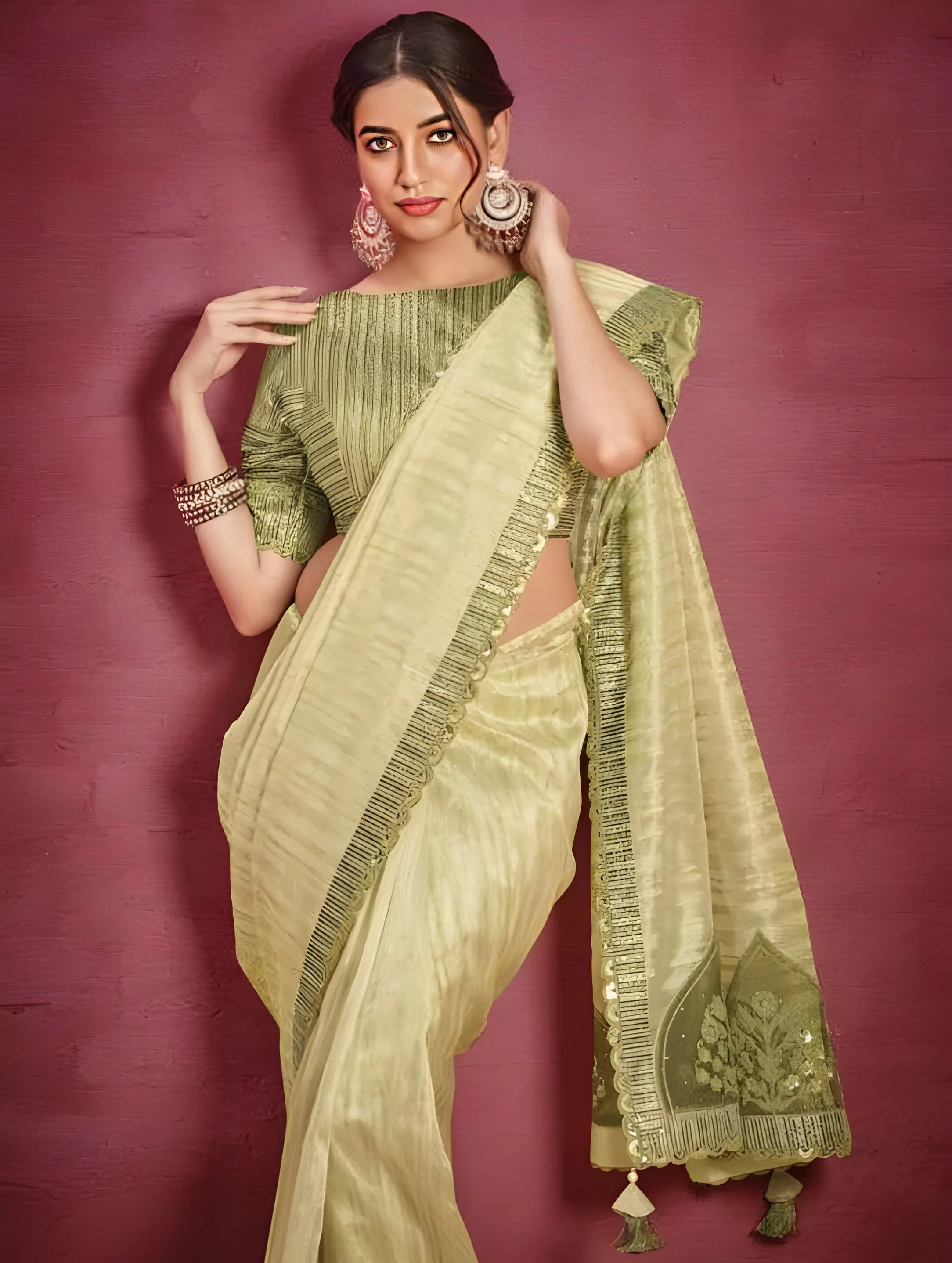 Embroidered Patterned Organza Designer Saree Green