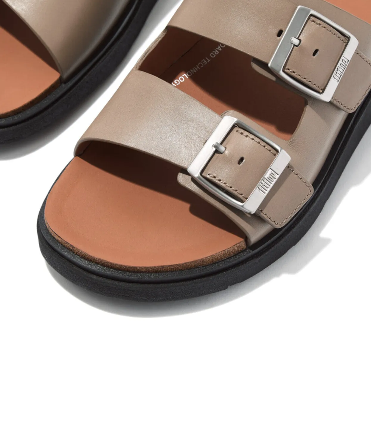 Fitflop Gen-FF Buckle Two Bar Leather Slides Mens Timberwolf