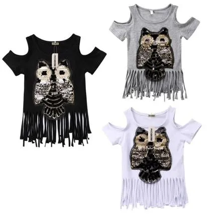 Girls Sequins Owl Tassel T-Shirt - ONLY 3 LEFT !!!