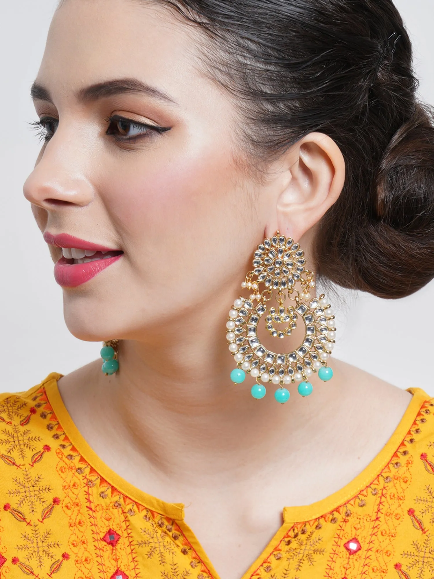 Gold Plated Light Blue Drop Kundan Chandbali Earrings