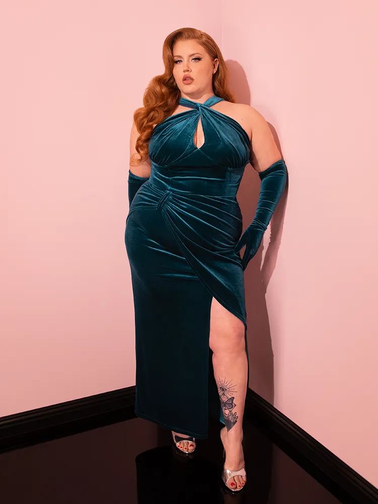 Golden Era Gown and Glove Set in Teal Velvet - Vixen by Micheline Pitt