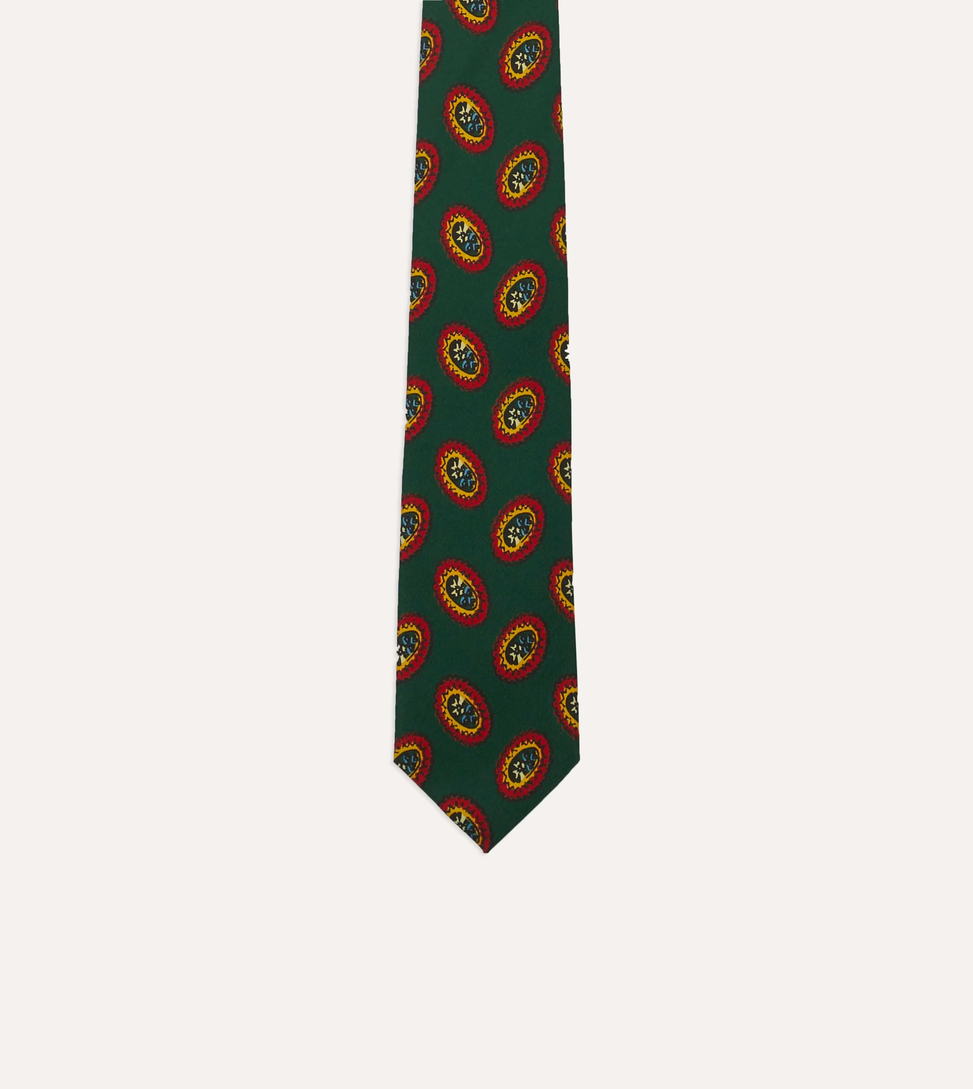 Green Oval Medallion Print Silk Self Tipped Tie