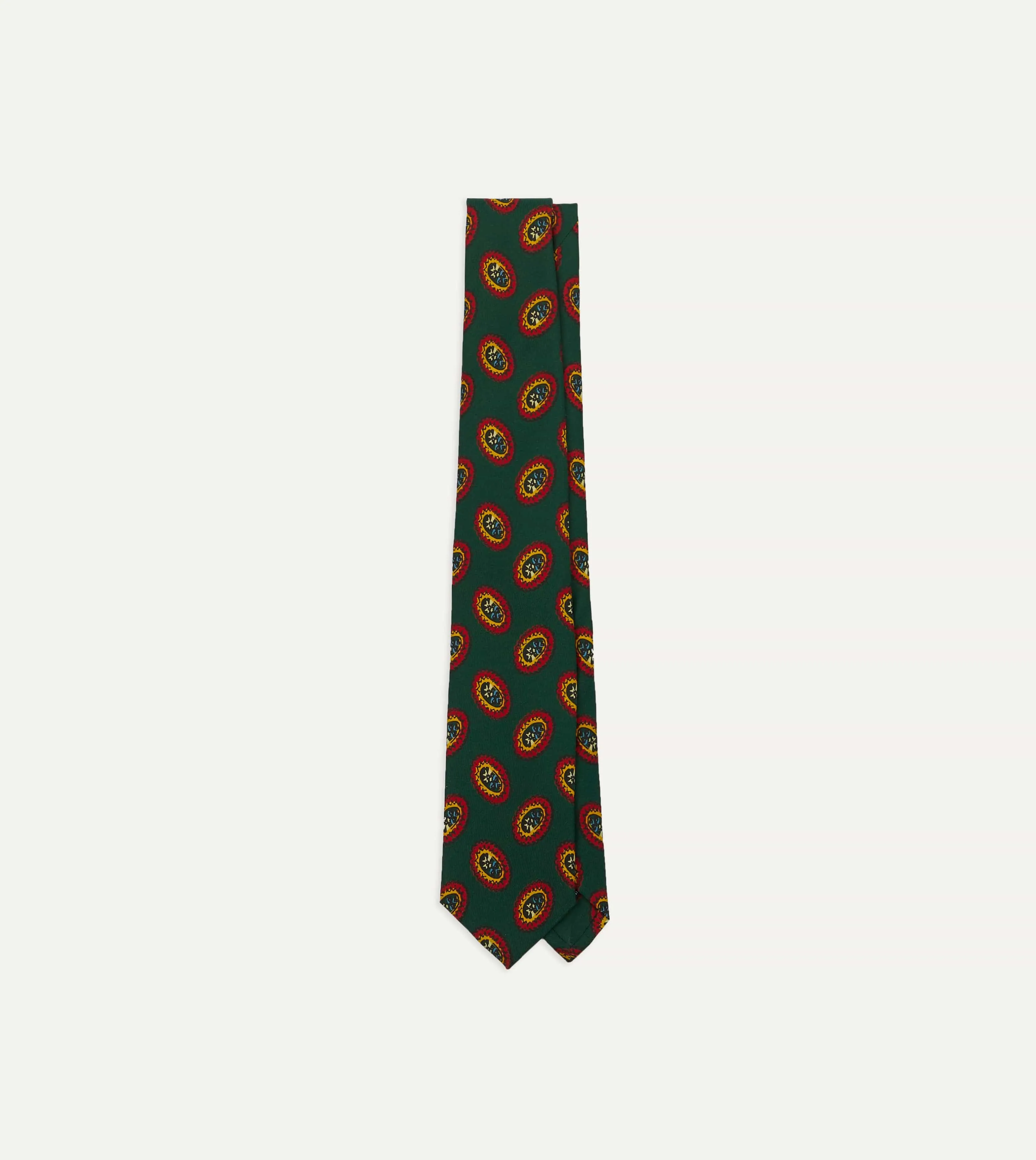 Green Oval Medallion Print Silk Self Tipped Tie