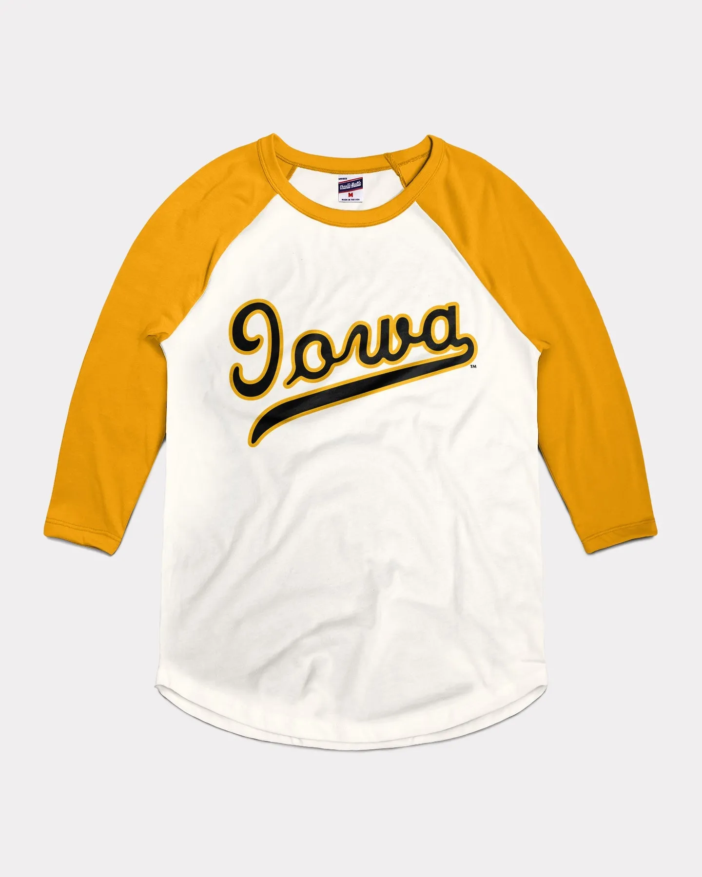 Iowa Baseball Script White & Gold Raglan