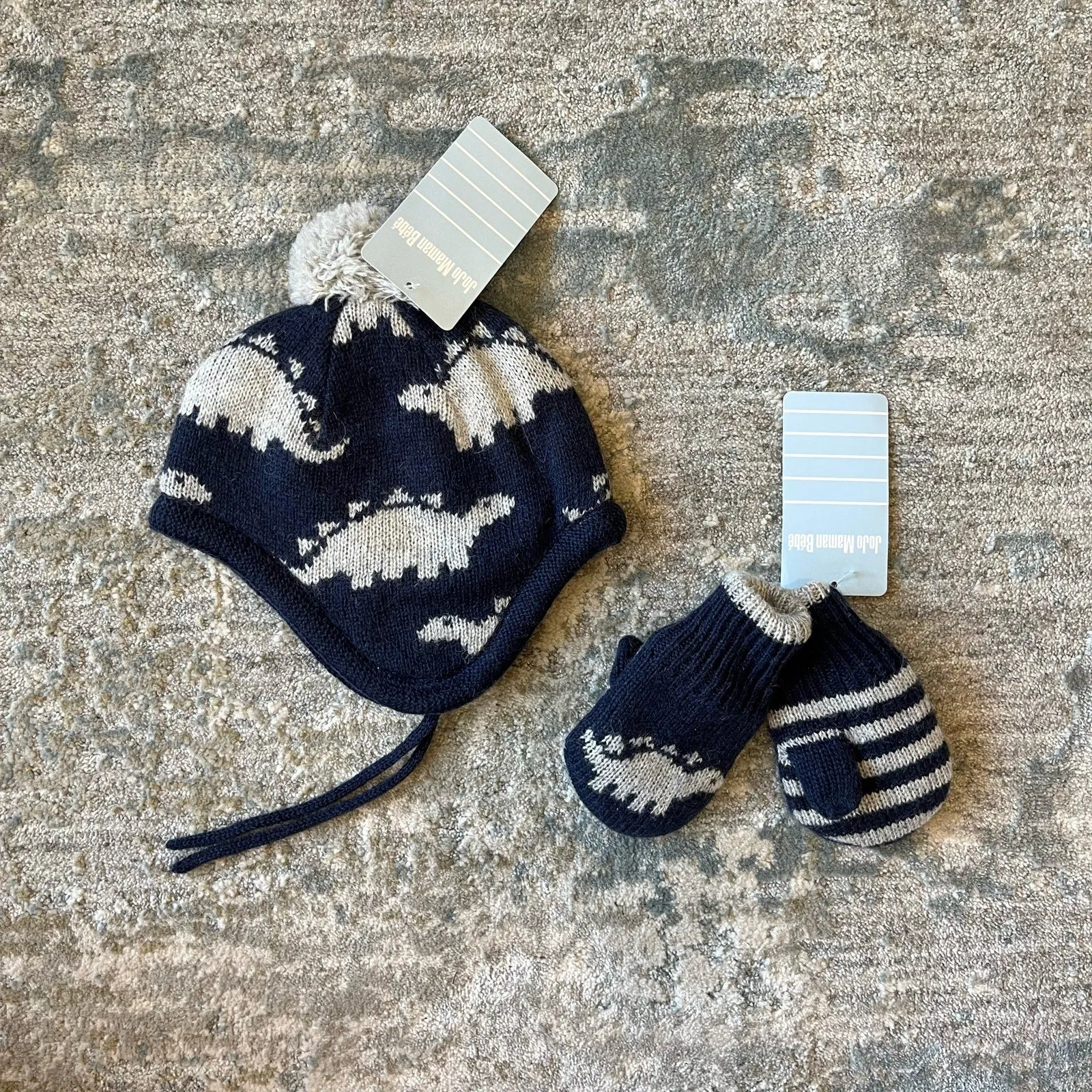 JoJo Maman Bebe Navy Dinosaur Hat & Mittens Set 0-12 Months NWT