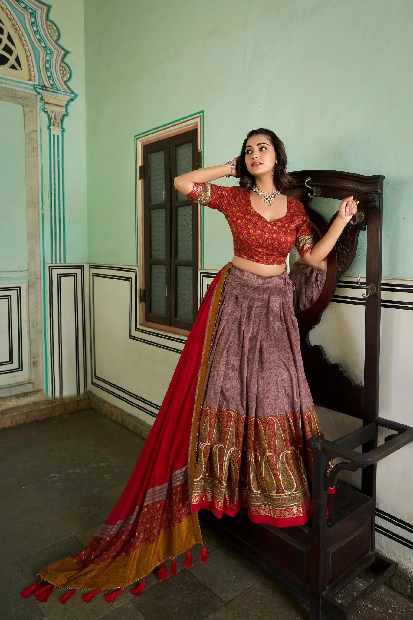 Kashmiri Printed Silk Lehenga Choli