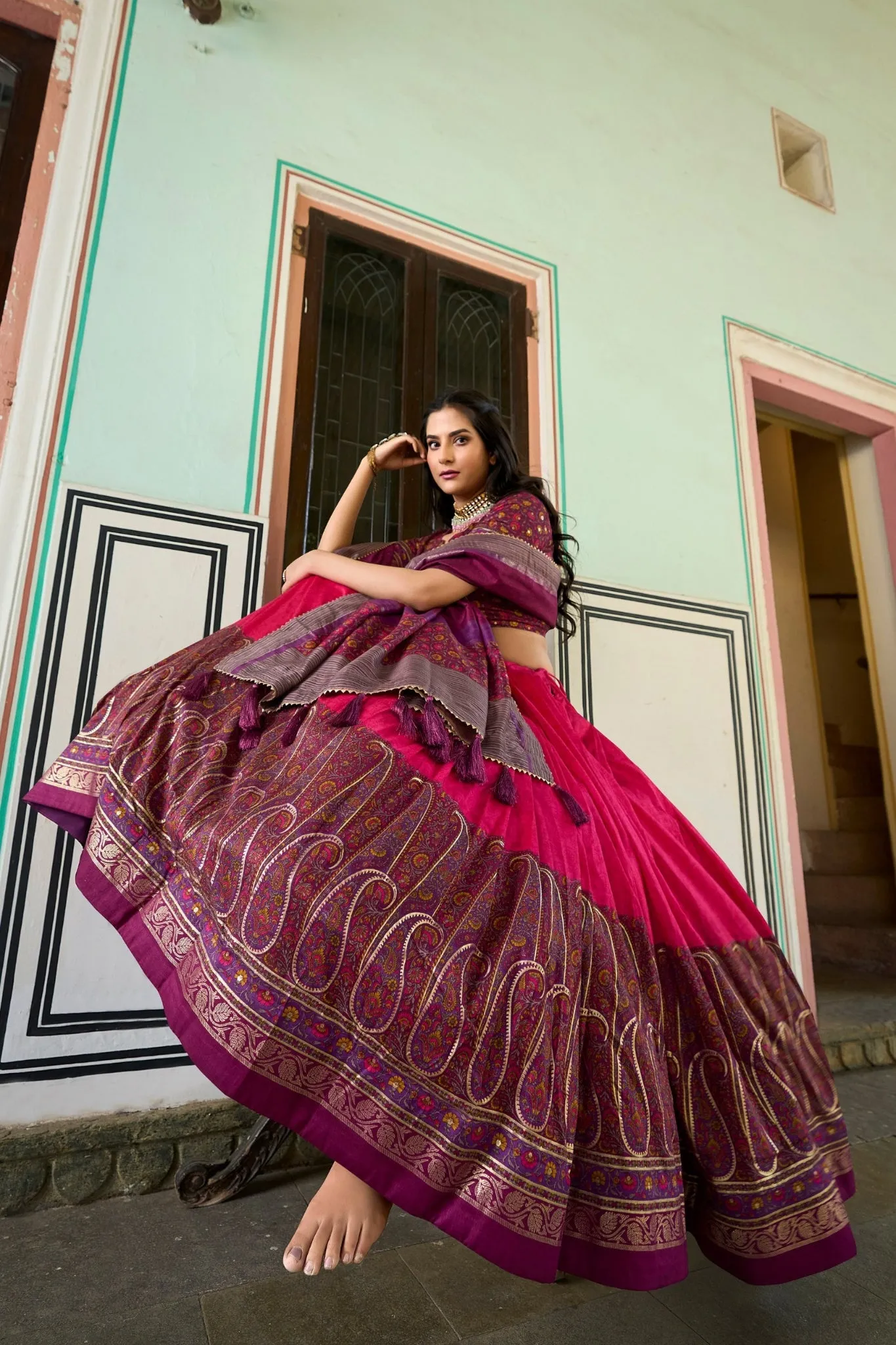 Kashmiri Printed Silk Lehenga Choli