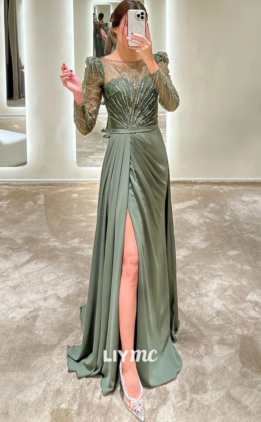 LP1849 - Bateau Long Sleeves Beaded Sleek Pleated Satin High Slit Prom Dress