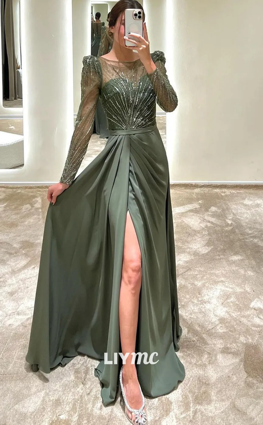 LP1849 - Bateau Long Sleeves Beaded Sleek Pleated Satin High Slit Prom Dress