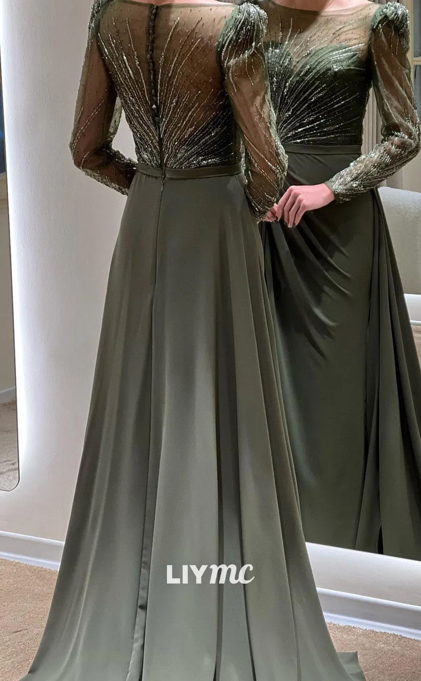 LP1849 - Bateau Long Sleeves Beaded Sleek Pleated Satin High Slit Prom Dress