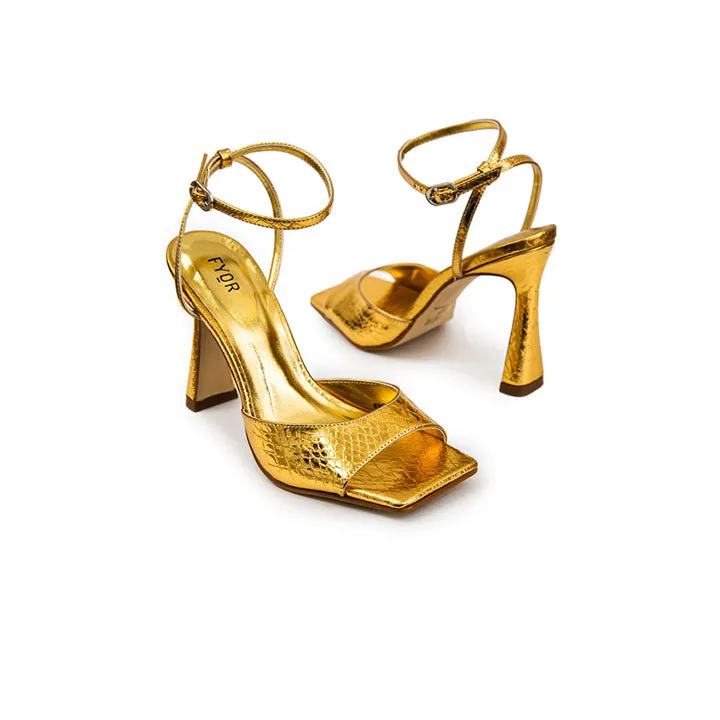 Metallic Ankle Strap Flared Heel Sandal  BWR 060