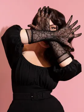 Mid-Length Gloves in Black Spiderweb Fishnet