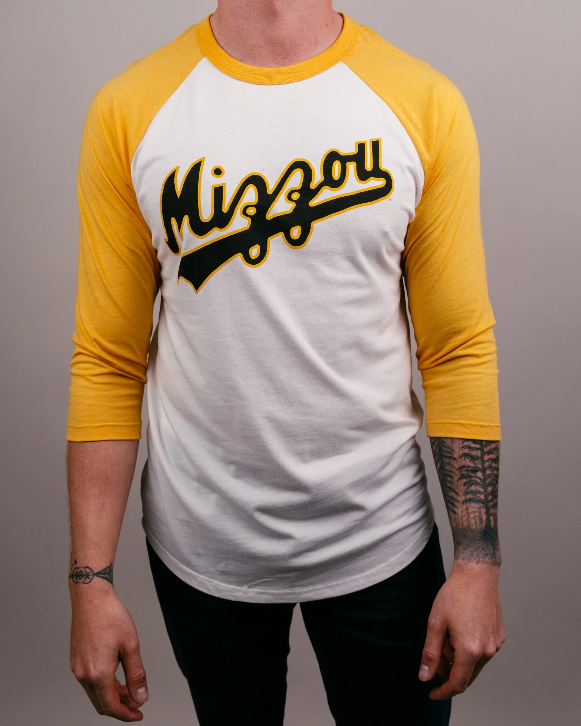 Mizzou Baseball Script White & Gold Raglan