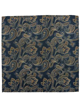 Navy Orange Paisley Print Silk pocket Square