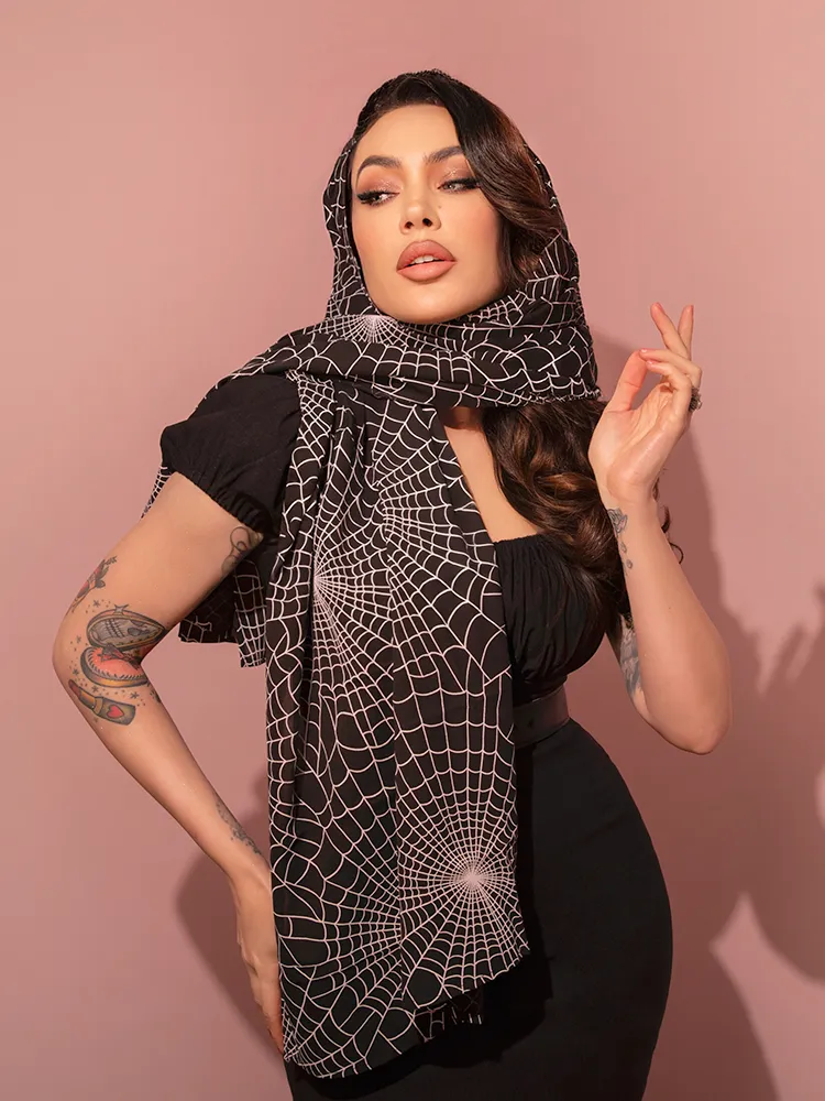 PRE-ORDER - 1950s Inspired Chiffon Scarf in Black Spider Web Print - Vixen by Micheline Pitt