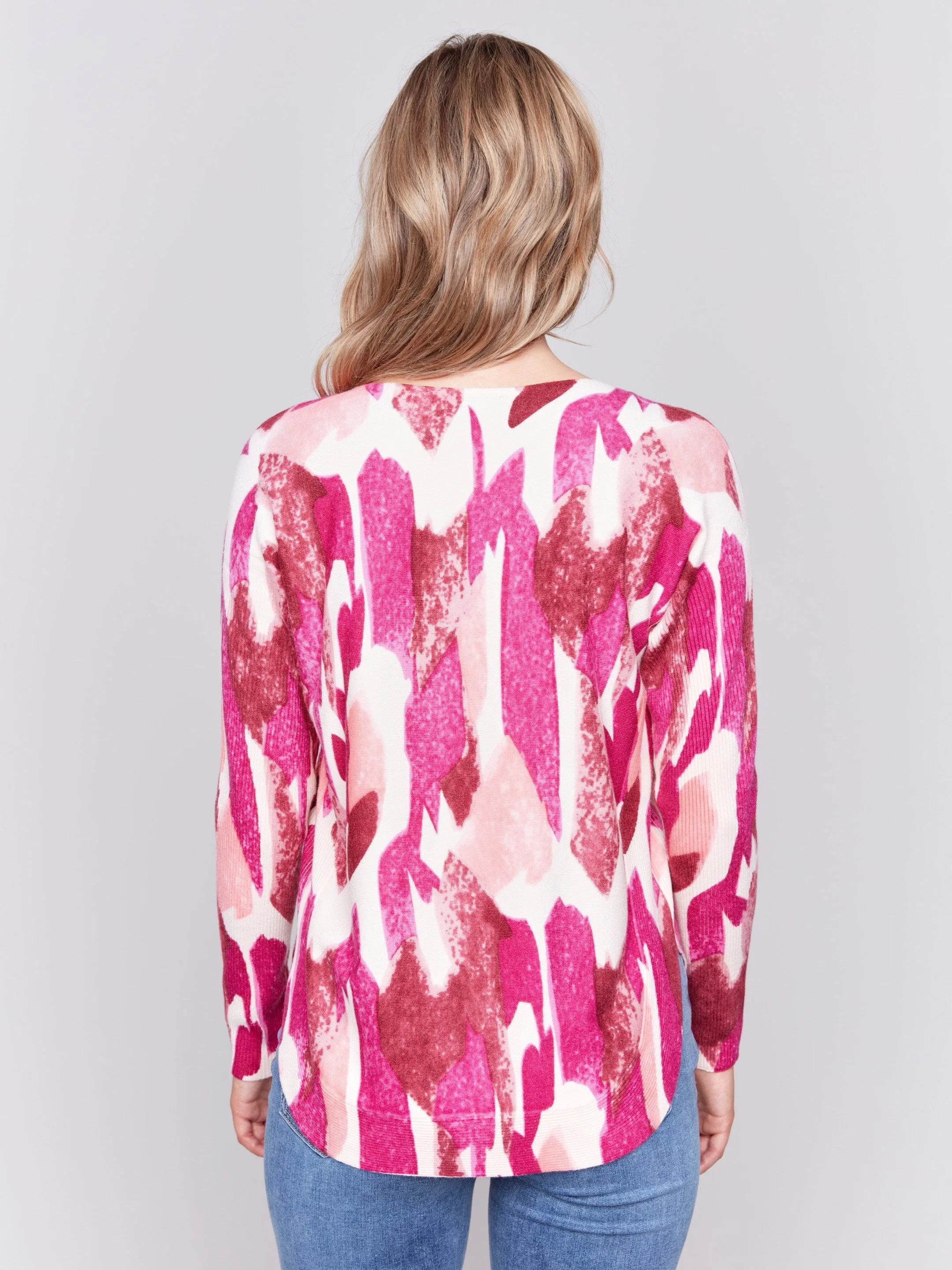 Printed Plush Knit Sweater - Fuchsia