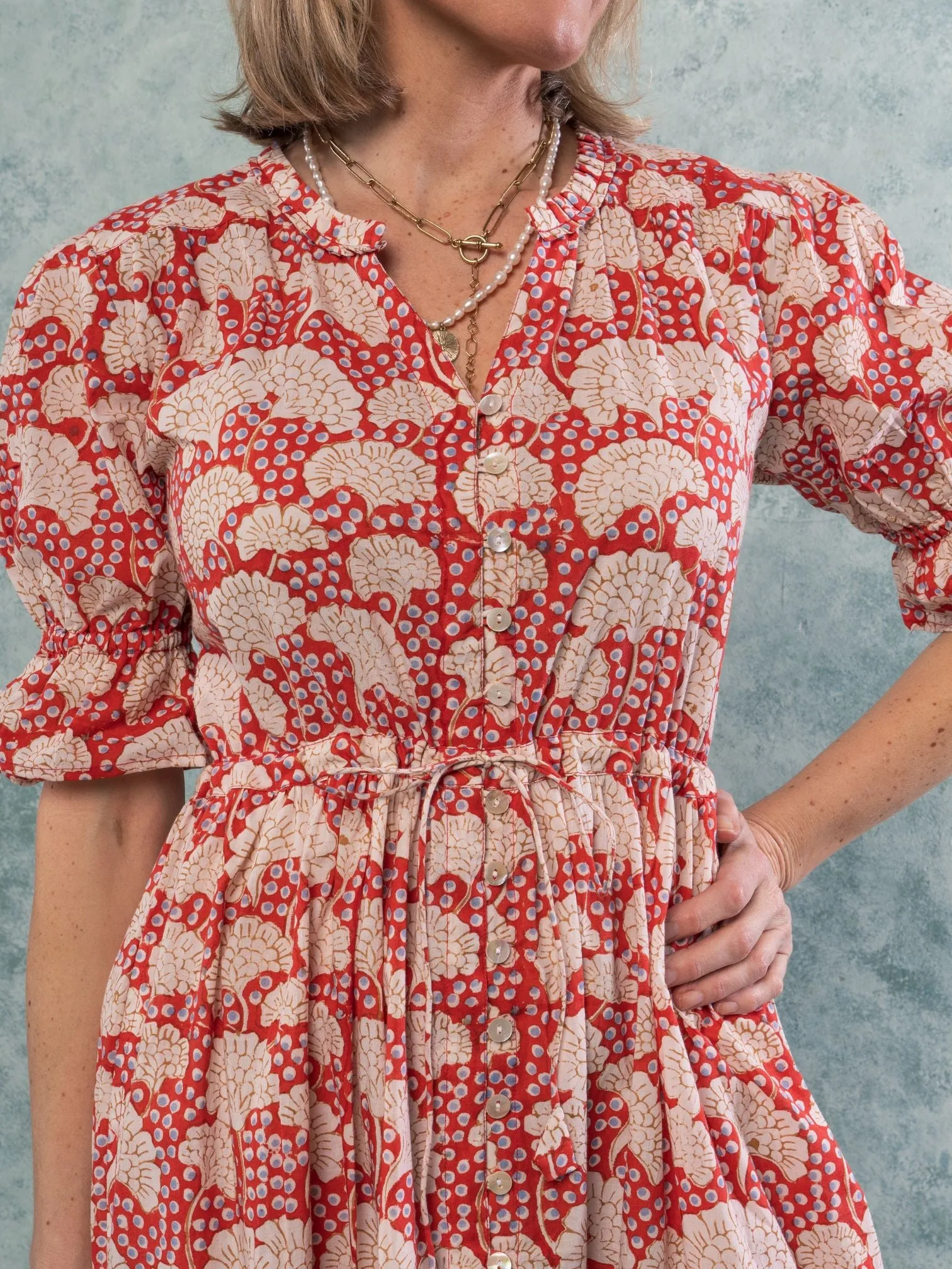 "CHERISH" SHIRTDRESS RED HYDRANGEA