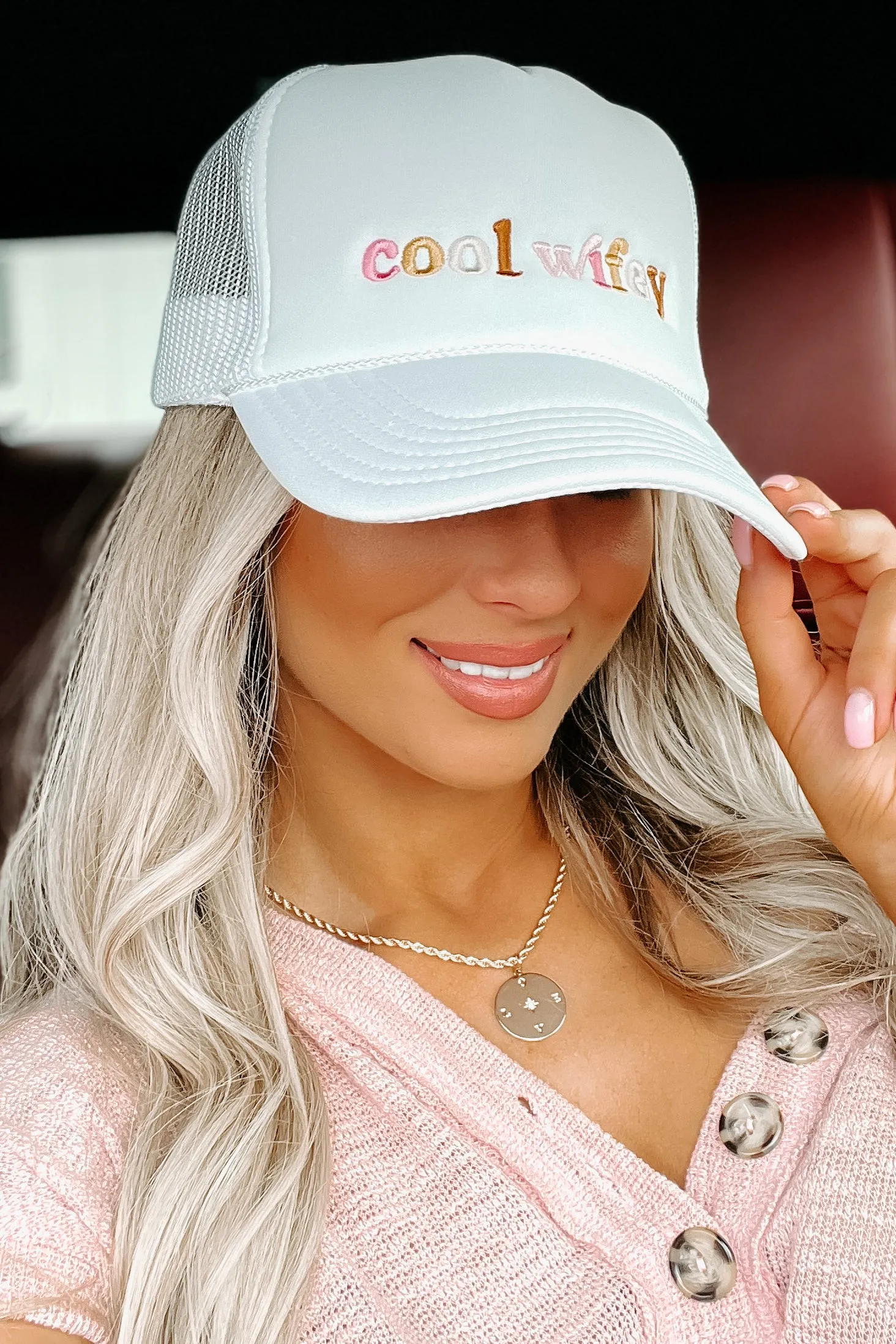 "Cool Wifey" Embroidered Foam Trucker Cap (White)