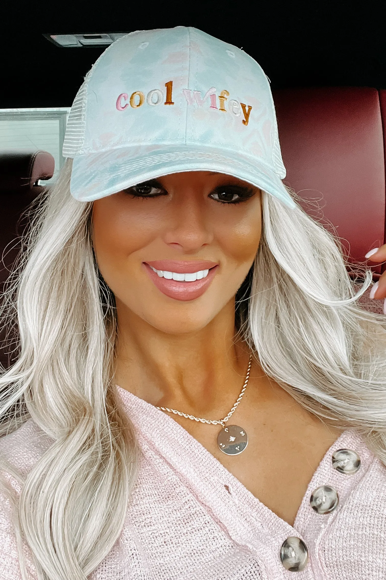 "Cool Wifey" Embroidered Tie-Dye Trucker Cap (Tie Dye Pastel)