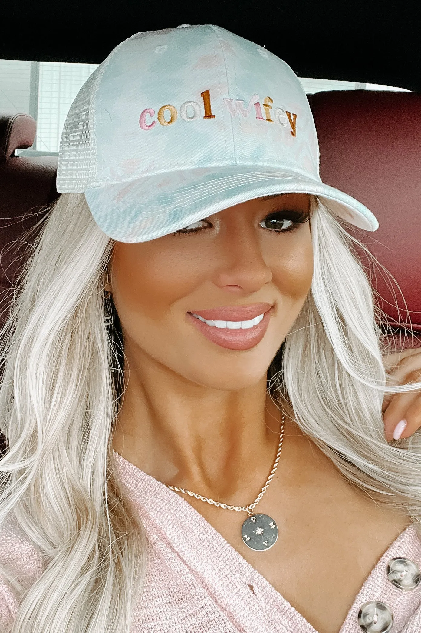 "Cool Wifey" Embroidered Tie-Dye Trucker Cap (Tie Dye Pastel)