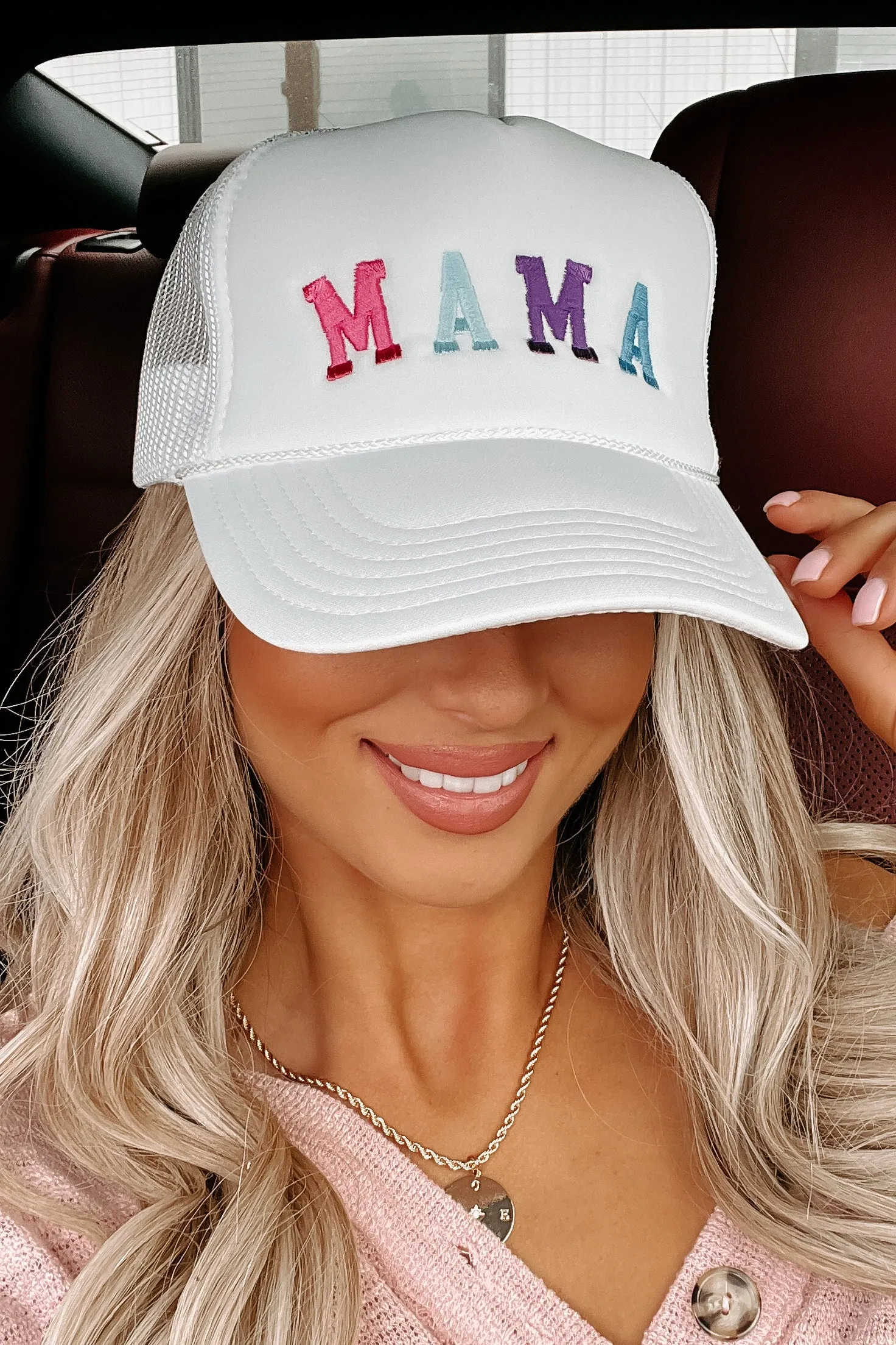 "Mama" Embroidered Foam Trucker Cap (White)