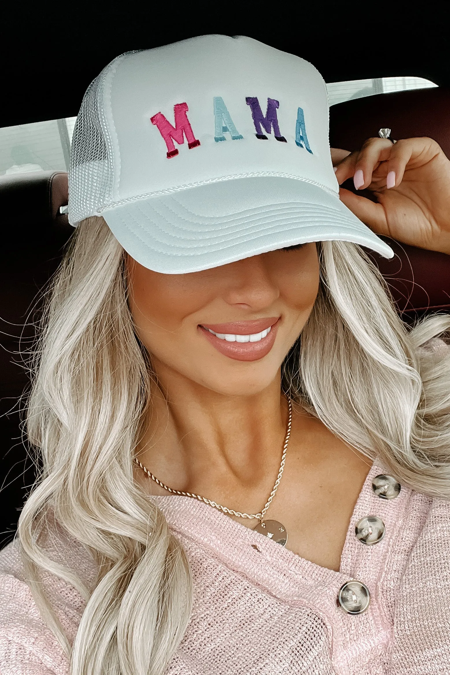 "Mama" Embroidered Foam Trucker Cap (White)