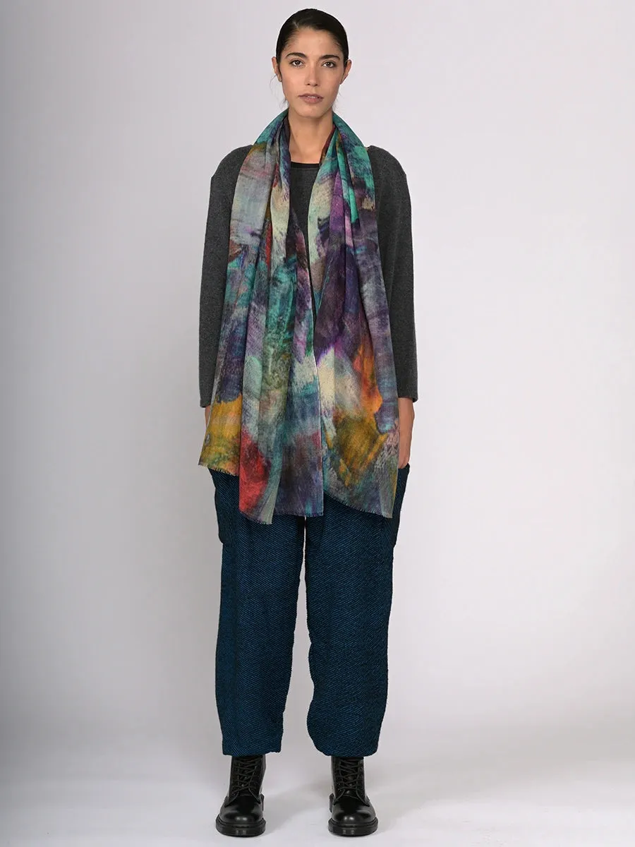 Silk Fine Wool Blend Print Scarf - Water Colour