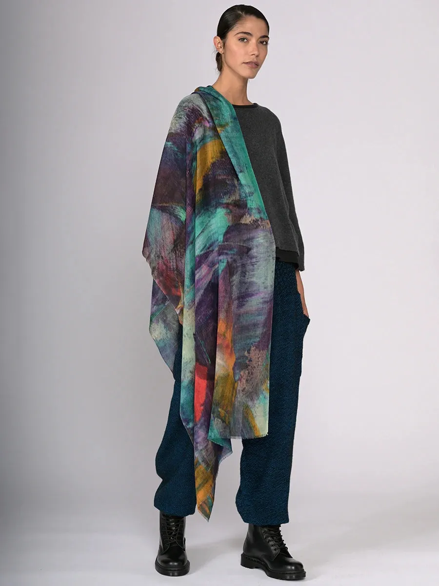 Silk Fine Wool Blend Print Scarf - Water Colour