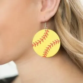 Softball Vegan Leather Round Dangle Earrings