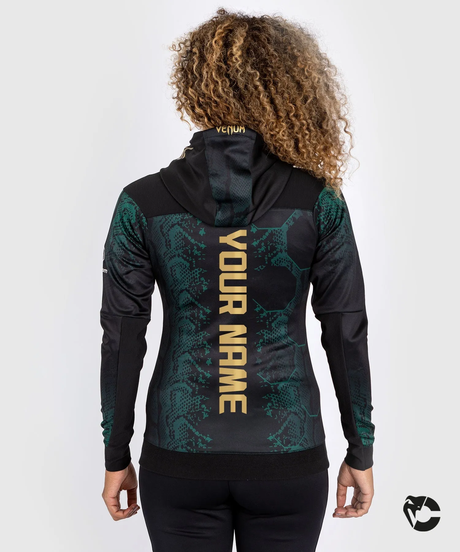 UFC Adrenaline by Venum Personalized Authentic Fight Night Women’s Walkout Hoodie  - Emerald Edition - Green/Black/Gold