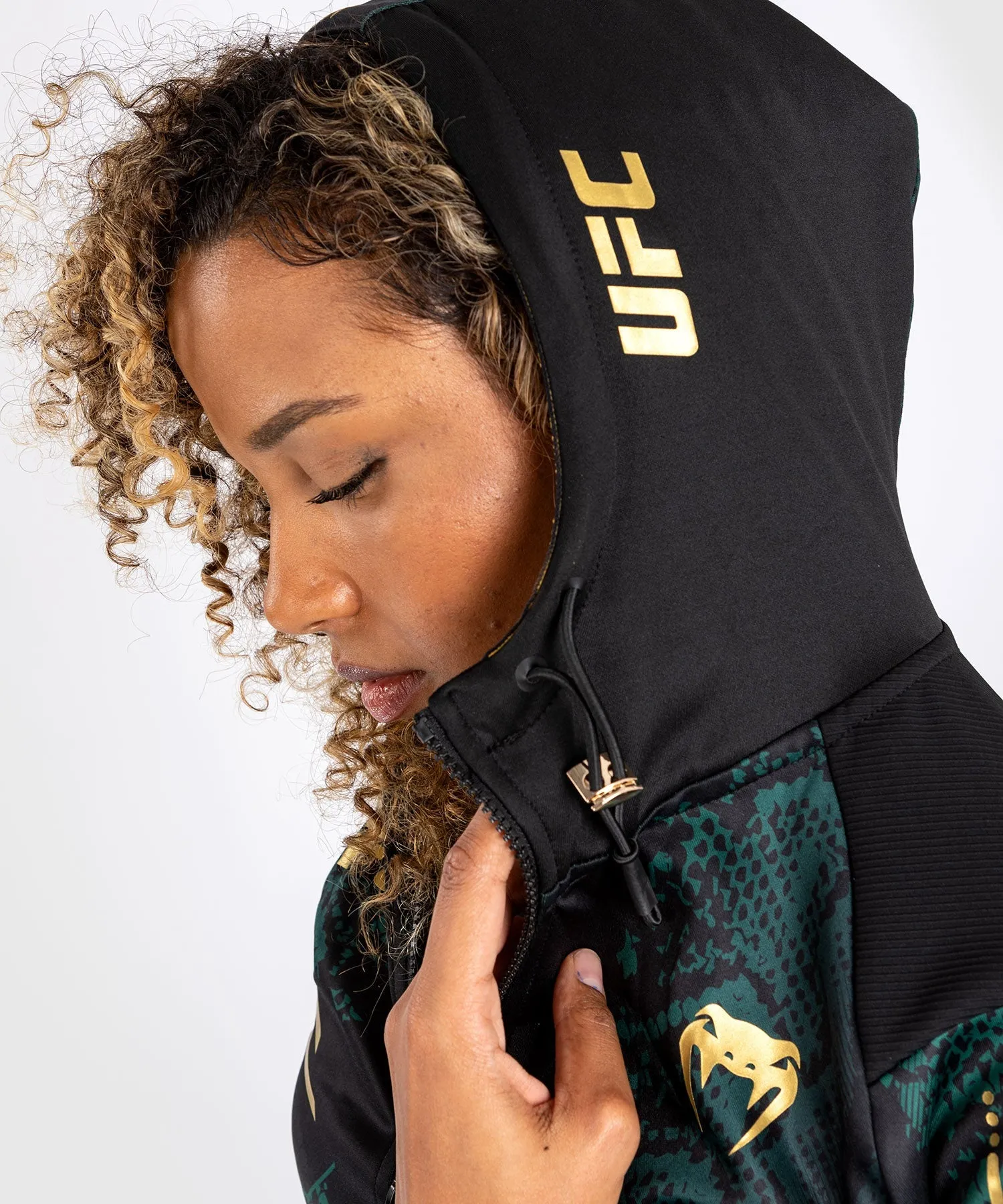 UFC Adrenaline by Venum Personalized Authentic Fight Night Women’s Walkout Hoodie  - Emerald Edition - Green/Black/Gold